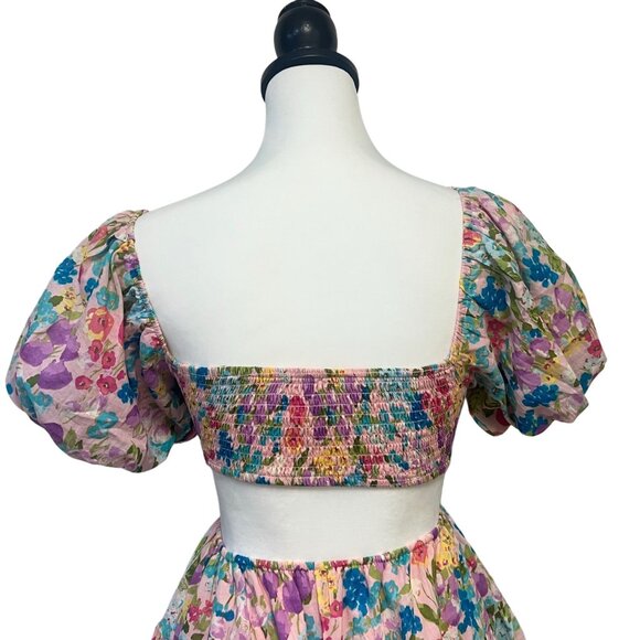 Sky To The Moon Cutout Floral Mini Dress Flare Puff Sleeve Smocked Open Back - Picture 9 of 12